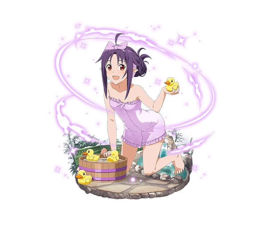 1girl :d ahoge arm_support bare_shoulders barefoot breasts collarbone faux_figurine feet floral_print frills holding kneeling looking_at_viewer official_art open_mouth pointy_ears purple_hair purple_towel red_eyes sidelocks simple_background small_breasts smile solo sword_art_online toes white_background yuuki_(sao)