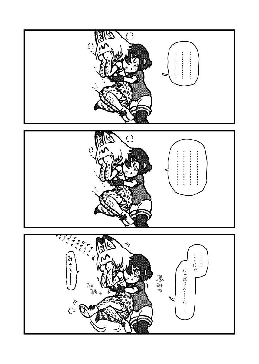 ... 2girls 3koma animal_ears bare_shoulders blush bow bowtie closed_eyes closed_mouth comic covering_face elbow_gloves flying_sweatdrops full-face_blush gloves greyscale high-waist_skirt highres hug hug_from_behind kaban_(kemono_friends) kemono_friends kotobuki_(tiny_life) legs_together lying monochrome multiple_girls pantyhose serval_(kemono_friends) serval_ears serval_print shirt shoes short_hair shorts skirt spoken_ellipsis thigh-highs translation_request yuri