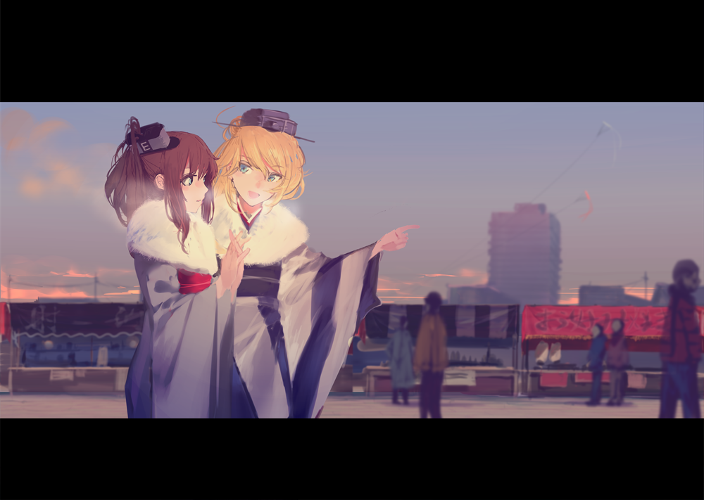 2girls blonde_hair blue_eyes brown_hair building commentary_request festival fujibejifu fur_trim green_eyes headgear iowa_(kantai_collection) japanese_clothes kantai_collection kimono kite long_hair long_sleeves multiple_girls obi open_mouth outdoors pointing saratoga_(kantai_collection) sash side_ponytail skyscraper stall steaming_breath wide_sleeves winter_clothes