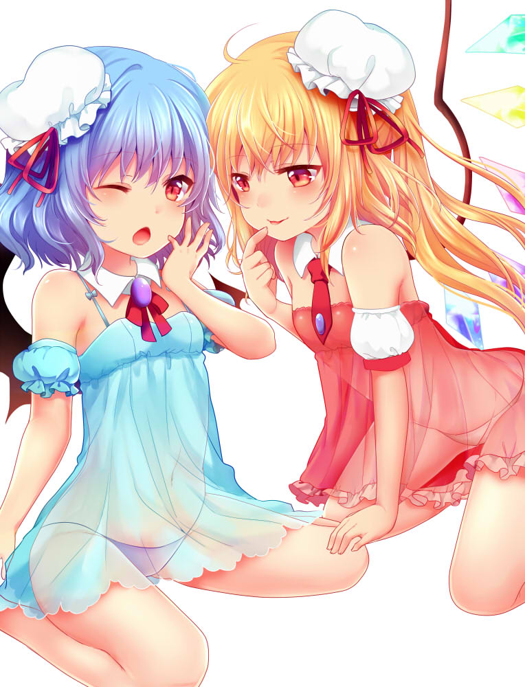 2girls ;o alternate_costume ascot bare_legs bare_shoulders barefoot blonde_hair breasts brooch chemise commentary_request crystal detached_collar detached_sleeves finger_to_mouth flandre_scarlet hat hat_ribbon jewelry lingerie long_hair looking_at_another looking_at_viewer mini_hat mob_cap multiple_girls navel necktie one_eye_closed panties puffy_short_sleeves puffy_sleeves purple_hair purple_panties red_eyes red_neckwear red_ribbon remilia_scarlet ribbon rimu_(kingyo_origin) see-through short_sleeves siblings side_ponytail sisters small_breasts tongue tongue_out touhou underwear white_panties wings yawning