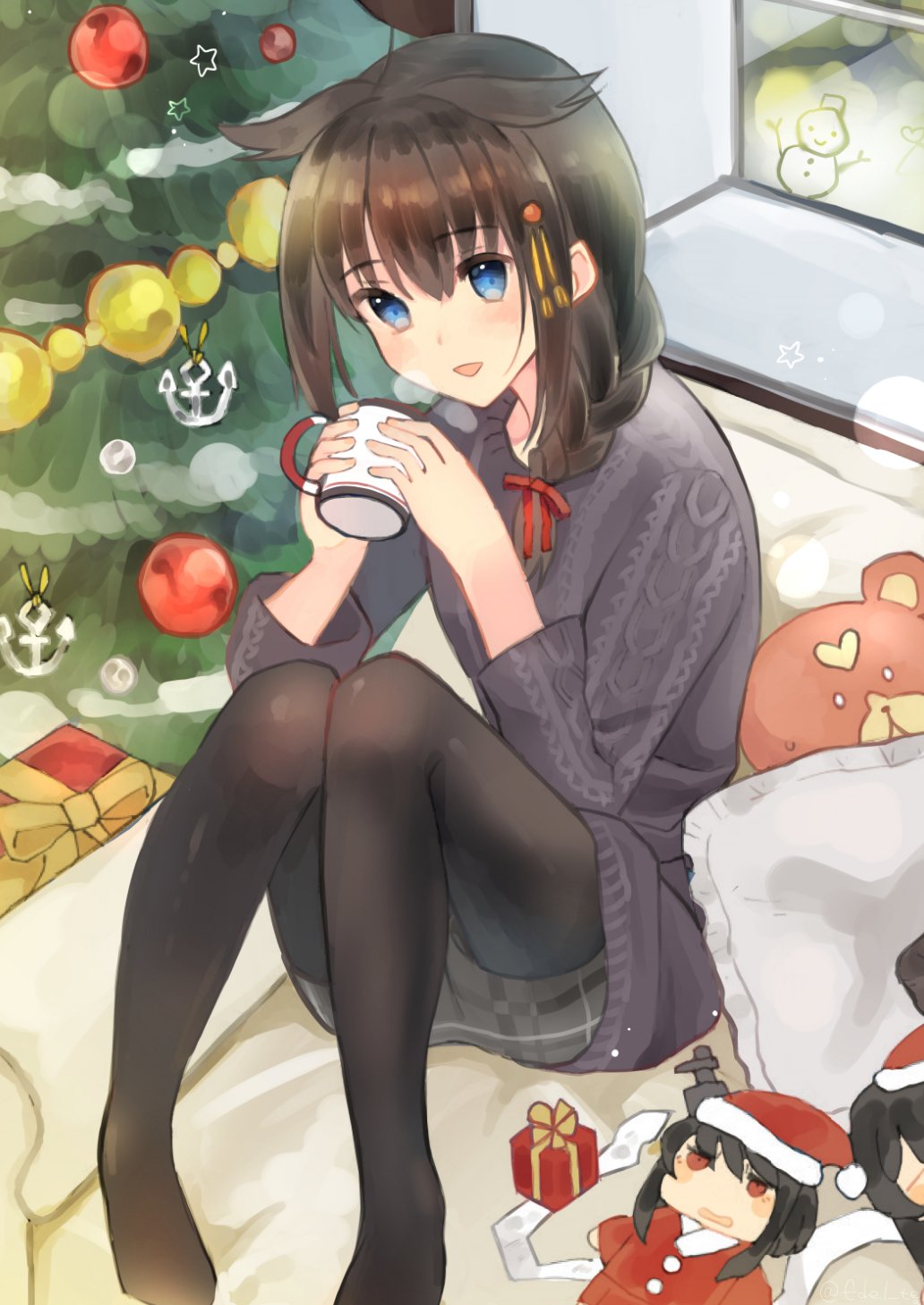 1girl alternate_costume anchor black_hair black_legwear braid christmas christmas_tree cup cushion edel_(edelcat) fur_trim gift hair_flaps hair_ornament hat highres holding_mug kantai_collection long_hair long_sleeves mug ornament pantyhose red_eyes remodel_(kantai_collection) ribbon santa_costume santa_hat shigure_(kantai_collection) single_braid sitting skirt snowman solo star stuffed_toy sweater window yamashiro_(kantai_collection)