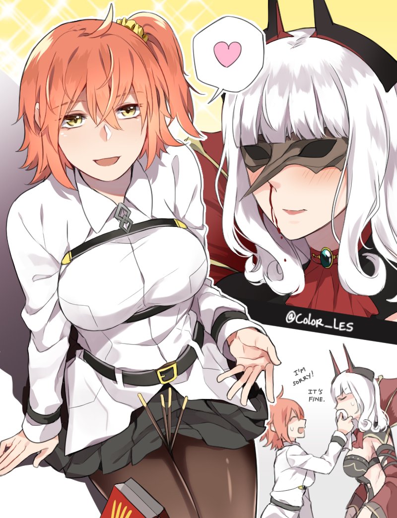 2girls ahoge black_skirt blood blush breasts brooch carmilla_(fate/grand_order) closed_eyes color-les comic commentary english facing_another fate/grand_order fate_(series) food fujimaru_ritsuka_(female) heart jewelry large_breasts long_sleeves mask multiple_girls nosebleed open_mouth orange_hair pantyhose pocky pocky_day side_ponytail skirt sparkle spoken_heart white_hair wiping_nose yellow_eyes yuri