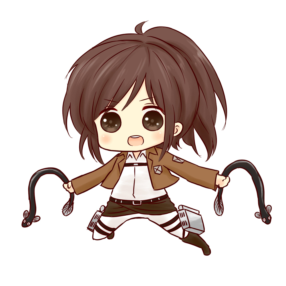 1girl :d bangs batta_(ijigen_debris) belt blush boots brown_footwear brown_hair brown_jacket chibi collared_shirt commentary_request eel eyebrows_visible_through_hair full_body jacket jumping long_sleeves looking_at_viewer open_mouth pants ponytail round_teeth sasha_braus shingeki_no_kyojin shirt simple_background smile solo teeth three-dimensional_maneuver_gear v-shaped_eyebrows white_background white_pants white_shirt