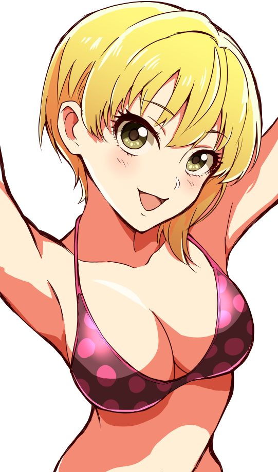 1girl arms_up asymmetrical_hair bare_shoulders bikini blonde_hair blush breasts cleavage collarbone green_eyes idolmaster idolmaster_cinderella_girls keikesu looking_at_viewer medium_breasts miyamoto_frederica open_mouth pink_bikini polka_dot polka_dot_bikini short_hair simple_background smile solo swimsuit waist white_background