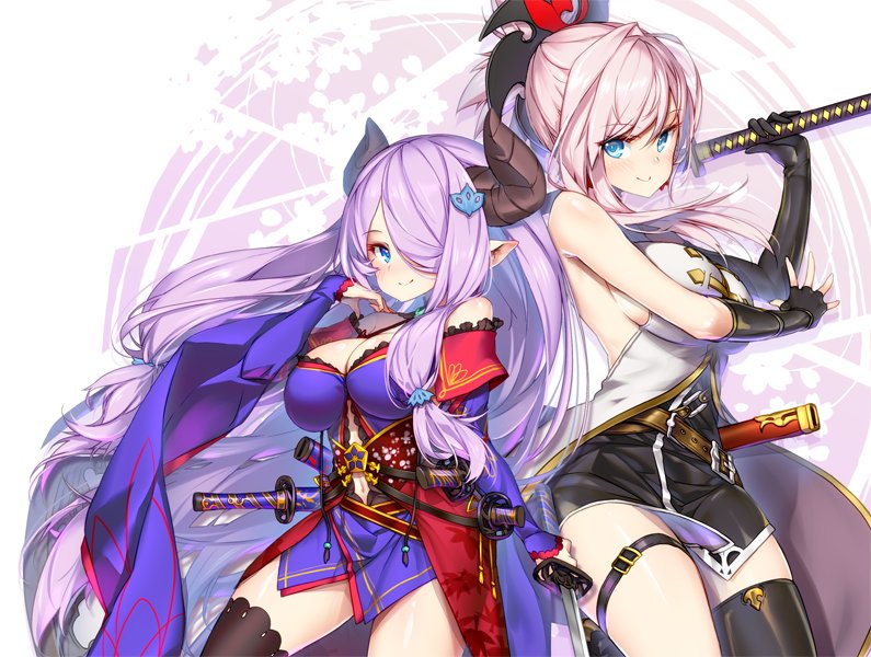 2girls bare_shoulders blue_eyes breasts cosplay detached_sleeves elbow_gloves fate/grand_order fate_(series) gloves granblue_fantasy hair_ornament hair_over_one_eye hong_(white_spider) horns katana lavender_hair long_hair miyamoto_musashi_(fate/grand_order) miyamoto_musashi_(fate/grand_order)_(cosplay) multiple_girls narumeia_(granblue_fantasy) narumeia_(granblue_fantasy)_(cosplay) navel pink_hair ponytail smile sword thigh-highs thigh_strap weapon