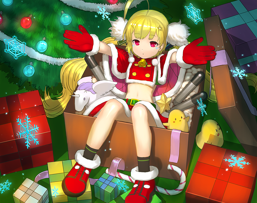 1girl :o ahoge azur_lane bangs belt_buckle bird black_legwear blonde_hair box buckle candy candy_cane chick christmas christmas_ornaments christmas_tree commentary_request eldridge_(azur_lane) eyebrows_visible_through_hair facial_mark food fur-trimmed_boots fur-trimmed_capelet fur-trimmed_skirt fur_trim gift gift_box gloves green_belt in_box in_container long_hair looking_at_viewer low_twintails outstretched_arms parted_lips red_capelet red_footwear red_skirt santa_costume santa_gloves skirt socks solo stuffed_animal stuffed_pegasus stuffed_toy stuffed_unicorn torpedo twintails very_long_hair violet_eyes wasabi60