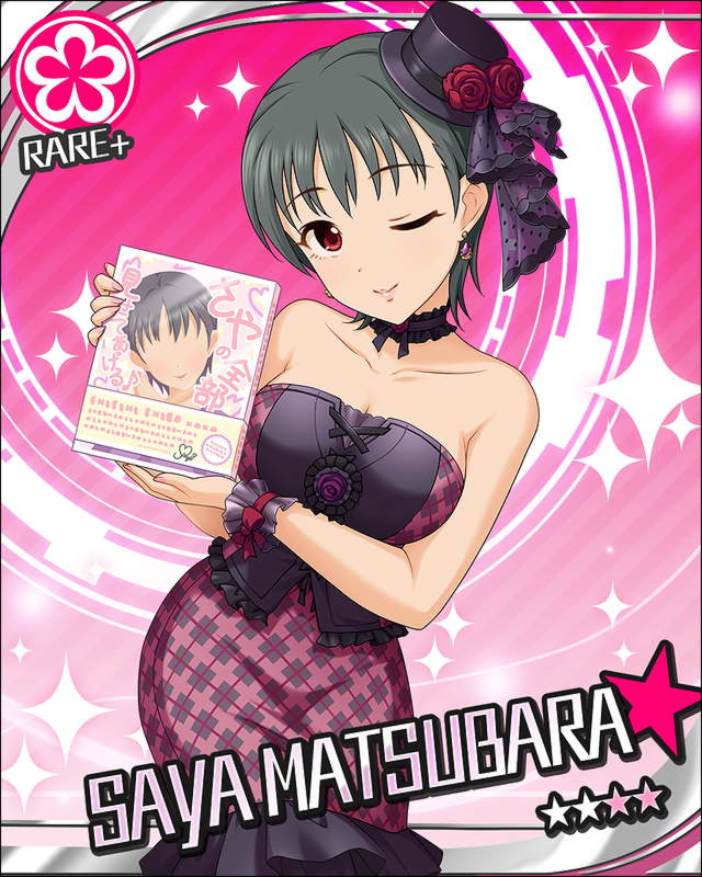 1girl black_hair breasts card_(medium) character_name dress earrings flower_(symbol) hat idolmaster idolmaster_cinderella_girls jewelry matsubara_saya medium_breasts official_art one_eye_closed pink_background red_eyes solo sparkle strapless strapless_dress