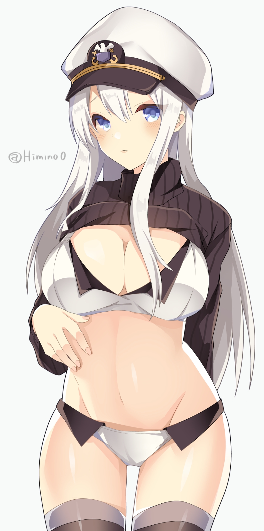 1girl arm_behind_back black_legwear black_sweater blue_eyes bra breasts cleavage closed_mouth clothes_lift cowboy_shot emblem enterprise_(zhan_jian_shao_nyu) grey_background groin hair_between_eyes hand_on_own_stomach hat highres large_breasts legs_apart long_hair long_sleeves looking_at_viewer navel no_pants panties peaked_cap sidelocks silver_hair simple_background solo standing stomach straight_hair sweater sweater_lift thigh-highs twitter_username underwear white_bra white_hat white_panties