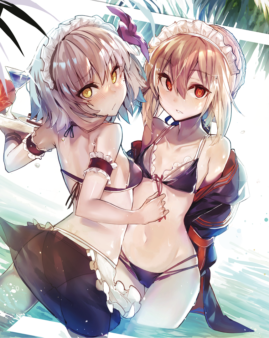 2girls akieda apron arm_garter arms_behind_back artoria_pendragon_(all) ass bikini black_bikini blush braid breasts collarbone dutch_angle eyebrows_visible_through_hair fate/grand_order fate_(series) flower from_behind hair_ribbon hibiscus jacket jeanne_d'arc_(alter)_(fate) jeanne_d'arc_(fate)_(all) light_brown_hair looking_at_viewer looking_back maid_bikini maid_headdress multiple_girls mysterious_heroine_x_(alter) navel off_shoulder open_clothes open_jacket outdoors parted_lips red_eyes ribbon see-through short_hair silver_hair skirt small_breasts sparkle swimsuit tray wading waist_apron water wet wet_hair wristband yellow_eyes