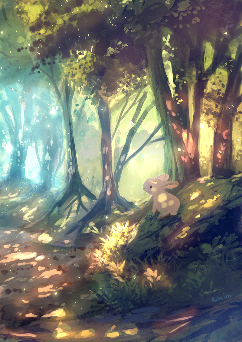 artist_name commentary_request day forest grass light_particles manino_(mofuritaionaka) nature no_humans original outdoors path plant rabbit road scenery signature tree