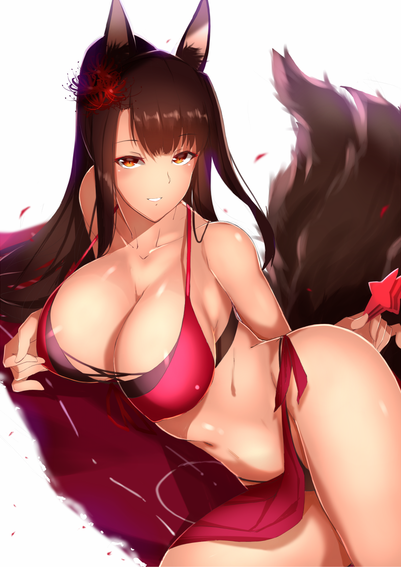 1girl akagi_(azur_lane) animal_ears azur_lane bangs bikini black_hair blunt_bangs breasts cleavage cowboy_shot fox_ears fox_tail front-tie_top large_breasts leaning_forward long_hair multiple_tails navel red_bikini red_eyes saisarisu scrunchie simple_background solo swimsuit tail white_background wrist_scrunchie