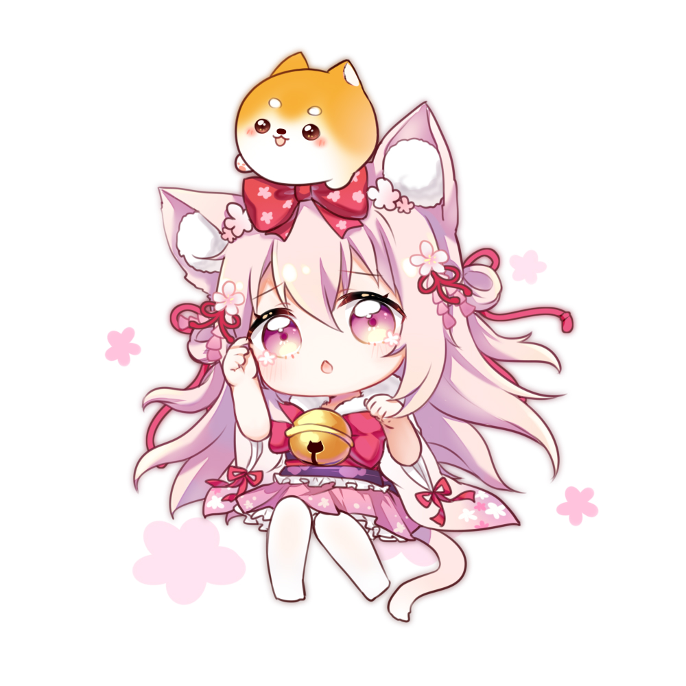 1girl animal_ears arm_up azur_lane bangs bell blush bow cat_ears cat_girl cat_tail chestnut_mouth chibi commentary_request eyebrows_visible_through_hair floral_print flot flower hair_between_eyes hair_flower hair_ornament hand_up head_tilt japanese_clothes jingle_bell kimono kisaragi_(azur_lane) long_hair long_sleeves pantyhose parted_lips pink_eyes pink_hair pink_skirt pleated_skirt print_bow print_kimono red_bow simple_background skirt solo tail very_long_hair white_background white_kimono white_legwear wide_sleeves