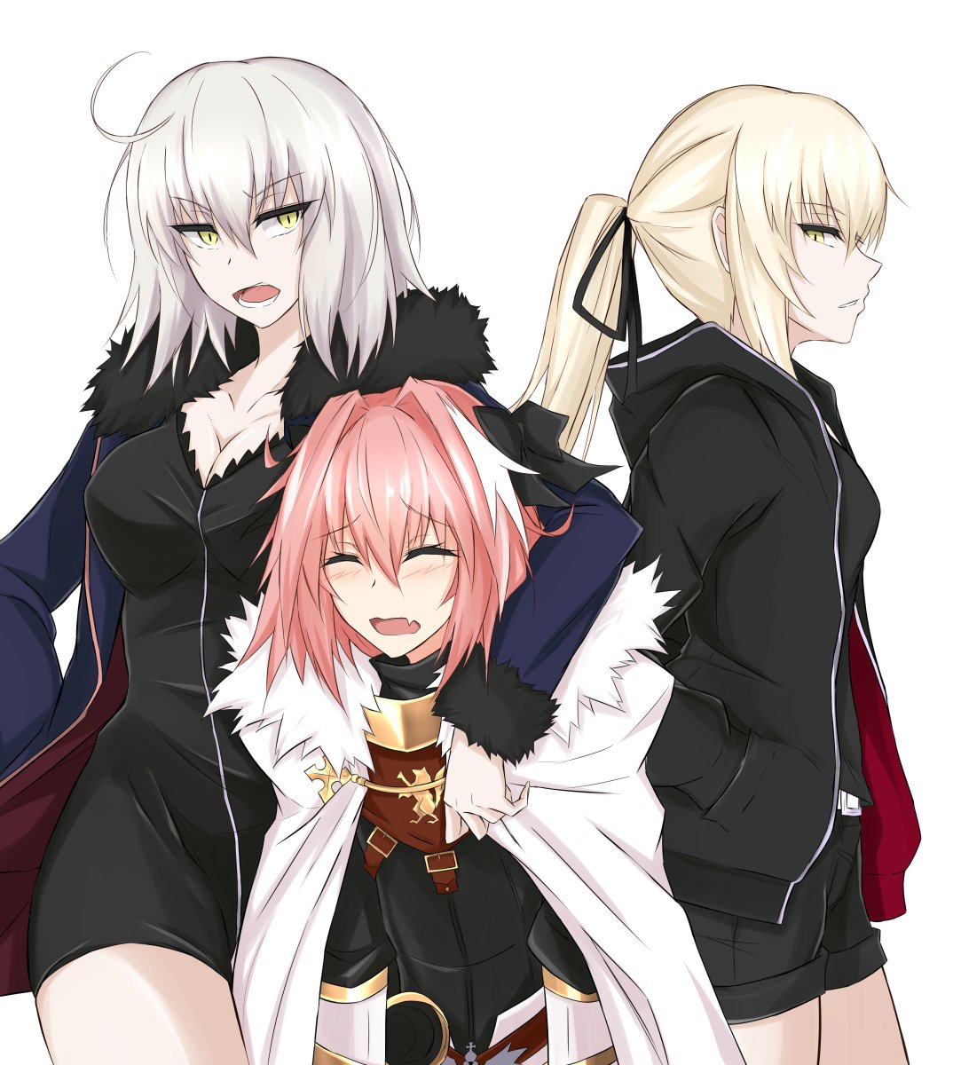 1boy 2girls ahoge artoria_pendragon_(all) astolfo_(fate) black_bow black_dress black_jacket black_ribbon black_shorts blonde_hair blue_jacket bow breasts cape cleavage closed_eyes collarbone commentary_request cowboy_shot dress fang fate/apocrypha fate/grand_order fate_(series) from_side hair_bow hair_ribbon highres hood hooded_jacket jacket jeanne_d'arc_(alter)_(fate) jeanne_d'arc_(fate)_(all) large_breasts multiple_girls open_mouth parted_lips pink_hair piro_(iiiiiiiiii) ponytail ribbon saber short_hair short_shorts shorts simple_background slit_pupils trap white_background white_cape white_hair yellow_eyes