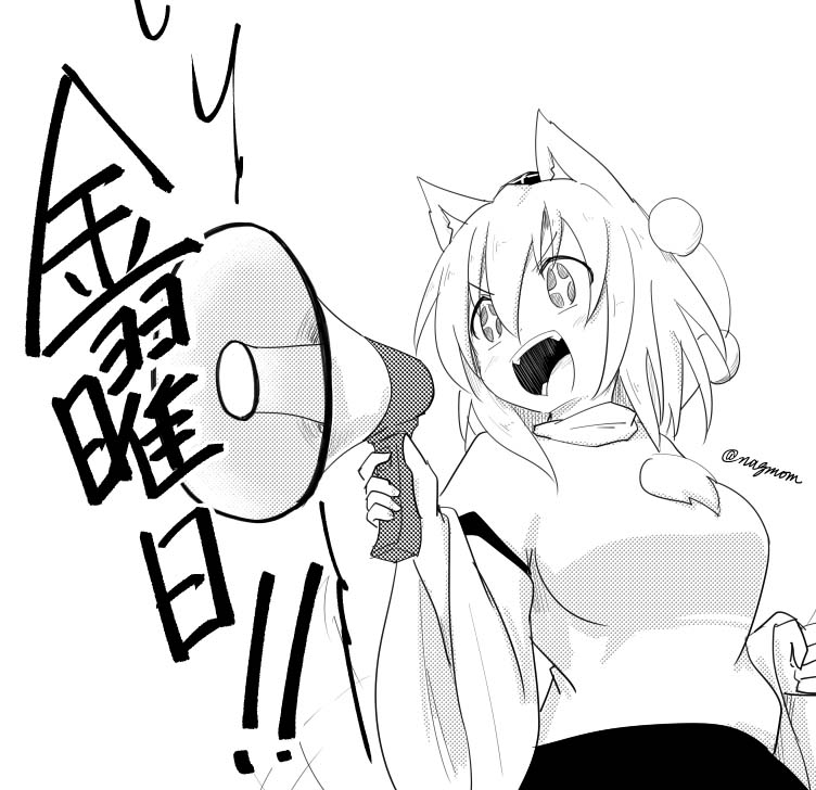 1girl animal_ears blush_stickers breasts dutch_angle eyebrows_visible_through_hair greyscale hat inubashiri_momiji medium_breasts medium_hair megaphone monochrome open_mouth pom_pom_(clothes) sparkling_eyes taurine_8000mg teeth tokin_hat touhou translation_request twitter_username wide_sleeves wolf_ears
