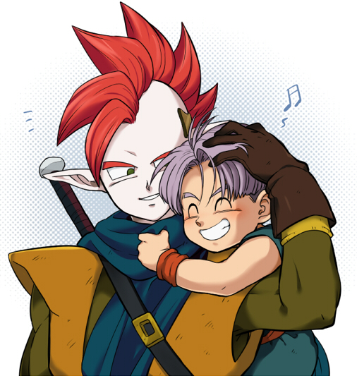 2boys blue_background closed_eyes dragon_ball dragonball_z gloves green_eyes hand_on_another's_head hug hug_from_behind looking_at_another male_focus mohawk multiple_boys musical_note petagon purple_hair redhead scarf short_hair simple_background smile sword tapion trunks_(dragon_ball) weapon white_background wristband