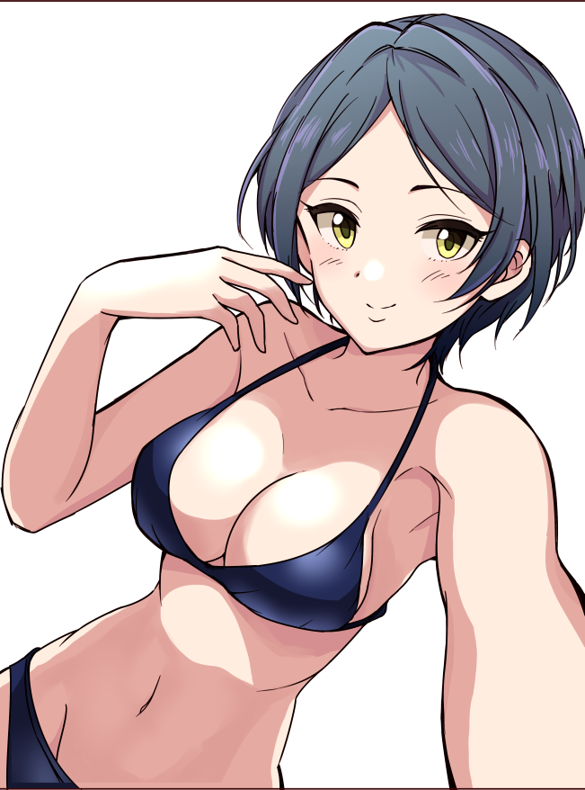 1girl bangs bare_shoulders bikini blue_bikini blue_hair blush breasts cleavage collarbone hayami_kanade idolmaster idolmaster_cinderella_girls keikesu looking_at_viewer medium_breasts navel outstretched_arm parted_bangs self_shot short_hair simple_background smile solo swimsuit waist white_background yellow_eyes