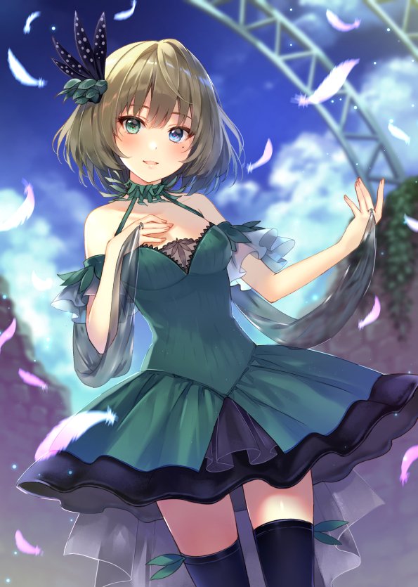 brown_hair dress fukahire_sanba hair_ornament heterochromia idolmaster idolmaster_cinderella_girls takagaki_kaede thigh-highs