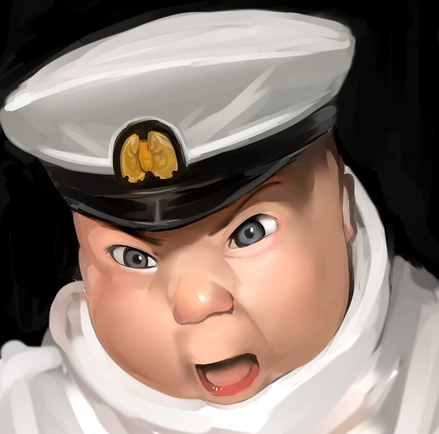 1boy angry baby black_background commentary_request grey_eyes harau hat kantai_collection little_boy_admiral_(kantai_collection) looking_at_viewer male_focus meme military military_hat military_uniform naval_uniform open_mouth peaked_cap simple_background solo uniform