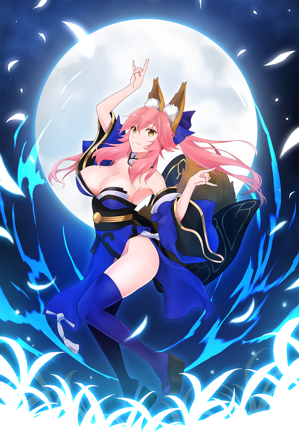 1girl animal_ears bell bell_collar blue_legwear breasts cleavage collar detached_sleeves fate/extra fate/grand_order fate_(series) fox_ears fox_shadow_puppet fox_tail full_moon graphite_(medium) highres japanese_clothes large_breasts light_smile long_hair looking_at_viewer moon no_panties outdoors pink_hair sandals sano_jinya sitting solo tail tamamo_(fate)_(all) tamamo_no_mae_(fate) thigh-highs traditional_media type-moon yellow_eyes