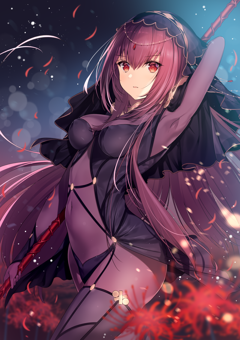 1girl arched_back arm_up armor backlighting bangs blurry blurry_foreground bodysuit breasts covered_navel cowboy_shot depth_of_field fate/grand_order fate_(series) flower gae_bolg gem hair_between_eyes holding holding_weapon lens_flare light_particles long_hair looking_at_viewer medium_breasts necomi parted_lips petals polearm purple_bodysuit purple_hair red_eyes scathach_(fate/grand_order) serious shoulder_armor skin_tight solo spear spider_lily standing v-shaped_eyebrows veil very_long_hair weapon