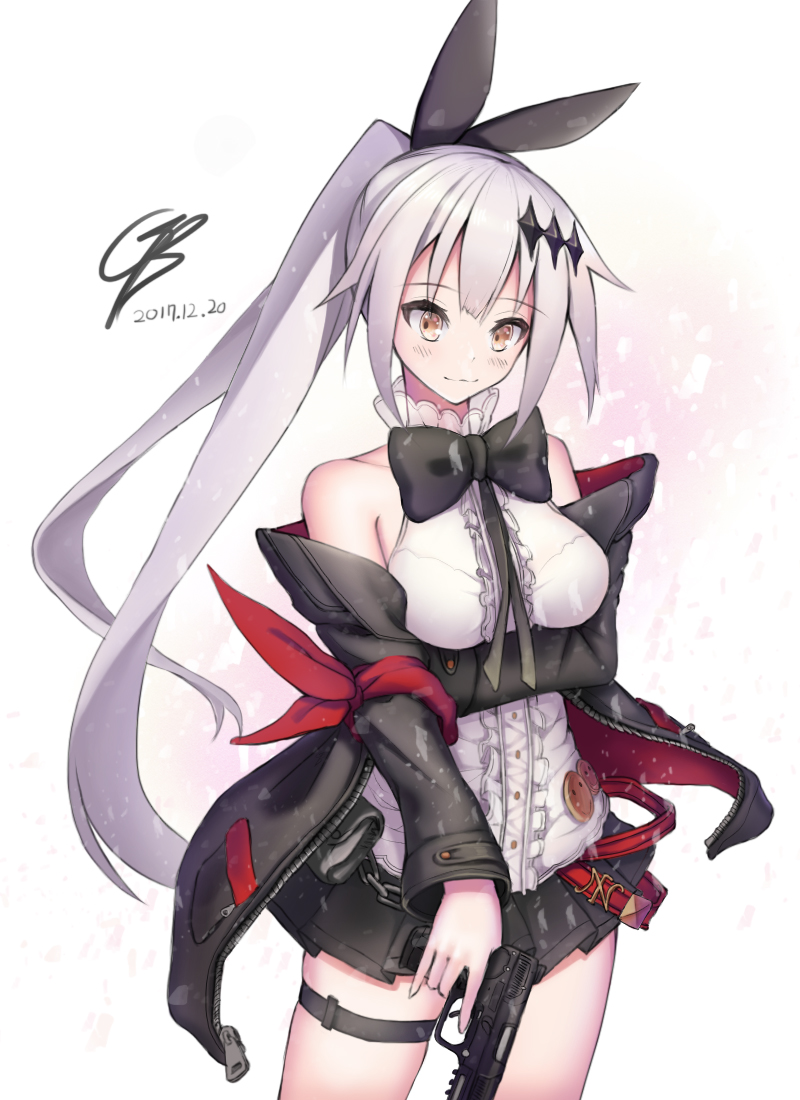 1girl arm_across_waist armband bangs bare_shoulders belt blush bow breasts brown_eyes buckle cleavage closed_mouth dated eyebrows_visible_through_hair five-seven_(girls_frontline) girls_frontline gun hair_ornament hodling_weapon holding holding_gun holding_weapon jacket jewelry long_hair looking_at_viewer looking_down medium_breasts navel open_clothes open_jacket ponytail ribbon sidelocks signature silver_hair simple_background skirt smile solo standing superman3go thigh_strap trigger_discipline unzipped very_long_hair weapon zipper