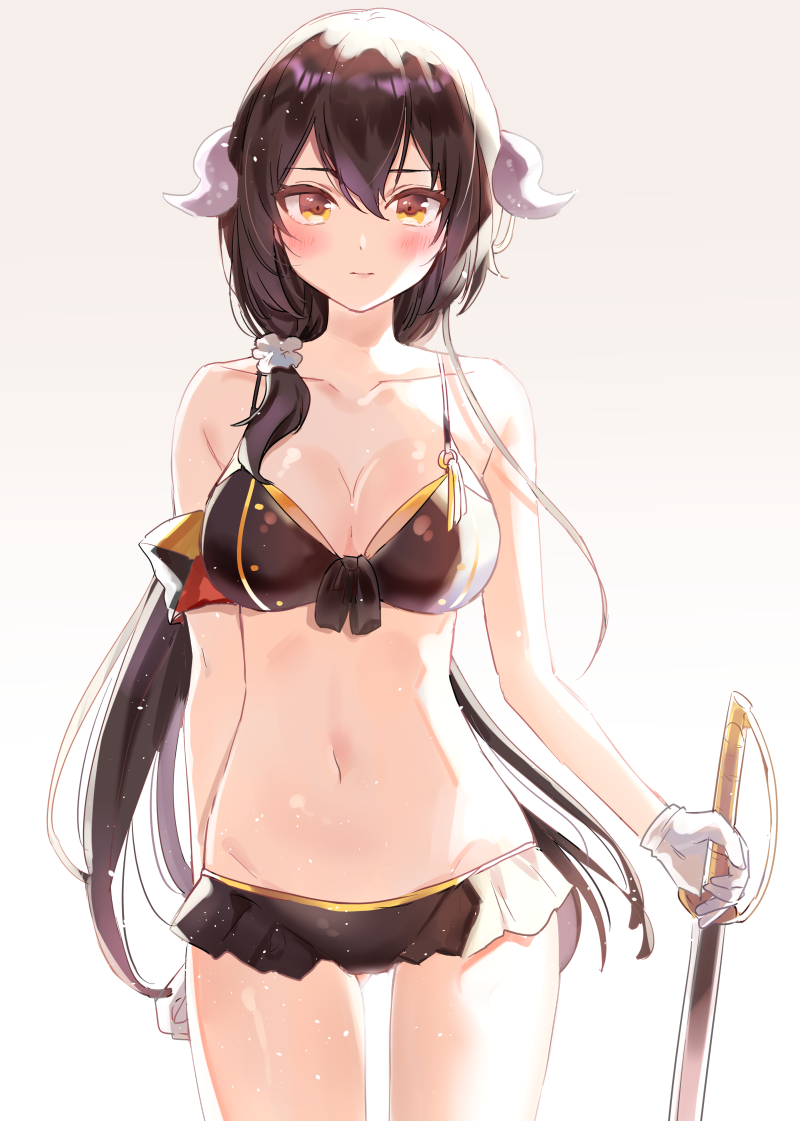 1girl arm_at_side azur_lane bangs bare_arms bare_shoulders bikini black_bikini black_ribbon blush breasts brown_background brown_hair character_request cleavage closed_mouth collarbone cowboy_shot gloves gluteal_fold hair_between_eyes hair_ornament hair_scrunchie holding holding_sword holding_weapon horns legs_apart long_hair looking_at_viewer manio medium_breasts mikasa_(azur_lane) navel ribbon scrunchie simple_background solo standing stomach swimsuit sword very_long_hair weapon white_gloves yellow_eyes