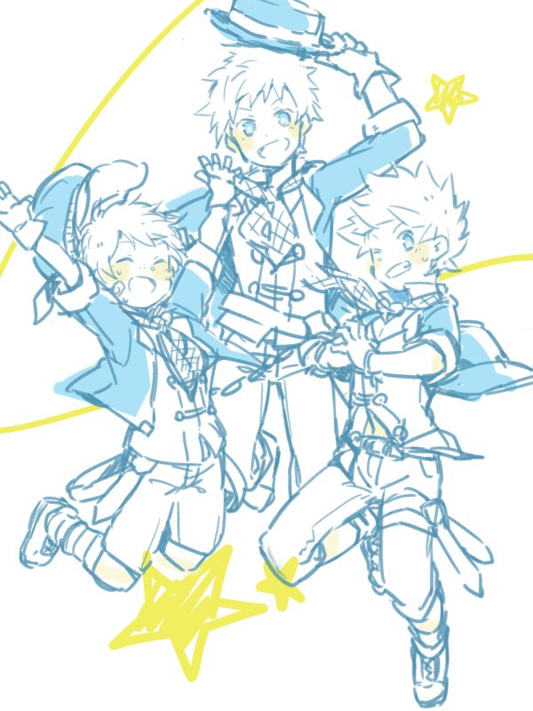 3boys alec_(granblue_fantasy) blue_eyes closed_eyes gran_(granblue_fantasy) granblue_fantasy happy hat idolmaster idolmaster_side-m kadokoa kimi_to_boku_no_mirai male_focus multiple_boys parody sketch smile star