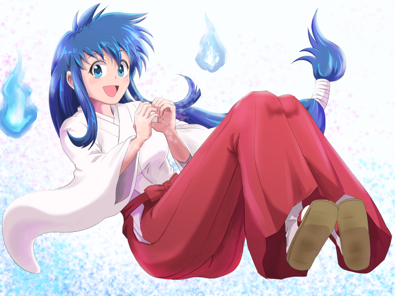 1girl blue_eyes blue_fire blue_hair blush breasts commentary_request eyebrows_visible_through_hair fire ghost ghost_sweeper_mikami hakama himuro_kinu hitodama japanese_clothes long_hair looking_at_viewer low-tied_long_hair mamiya_myanmar miko open_mouth red_hakama solo touei