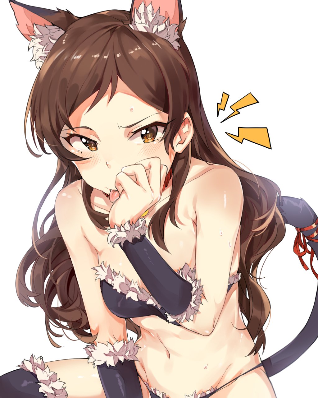 1girl :p animal_ears bangs bare_shoulders black_legwear black_panties blush bright_pupils brown_eyes brown_hair cat_ears cat_tail collarbone fur-trimmed_legwear fur_trim groin hand_on_own_face highres idolmaster idolmaster_cinderella_girls kemonomimi_mode lightning_bolt long_hair looking_at_viewer navel panties parted_bangs red_ribbon ribbon shiny shiny_skin simple_background sitting slit_pupils solo stomach strapless sweat tachibana_arisu tail tail_ribbon thigh-highs tongue tongue_out tubetop tuxedo_de_cat underwear underwear_only white_background