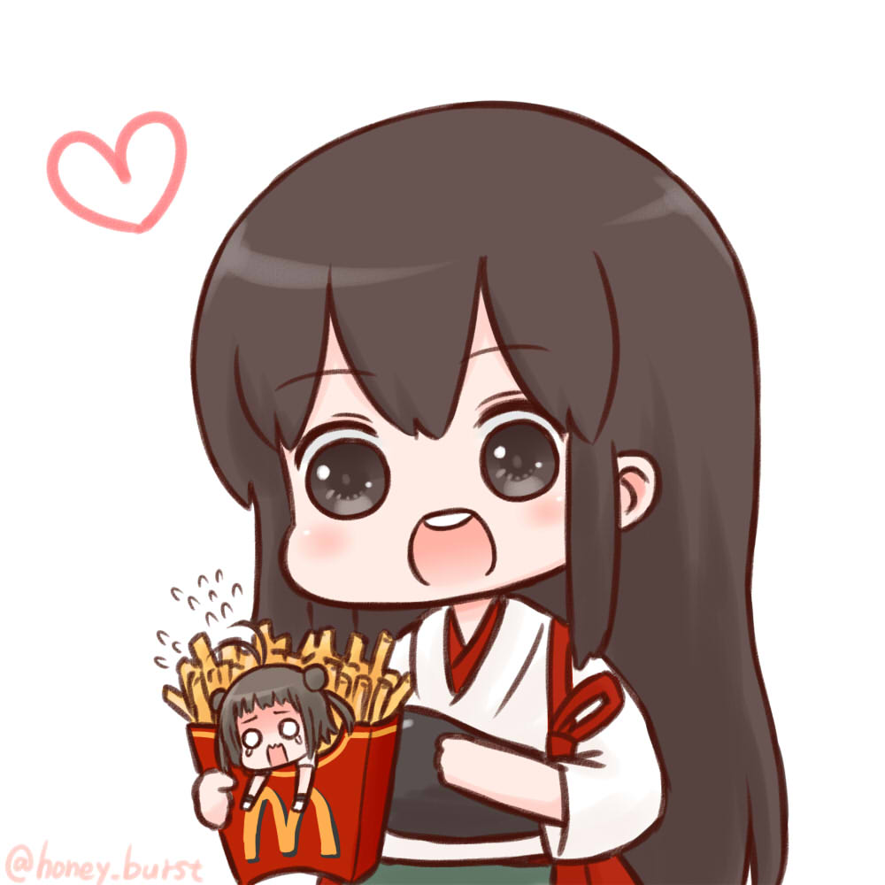 2girls :d akagi_(kantai_collection) antenna_hair batta_(ijigen_debris) blank_eyes blush brown_eyes brown_hair chibi commentary_request double_bun eyebrows_visible_through_hair flying_sweatdrops food french_fries heart holding in_food japanese_clothes kantai_collection long_hair mcdonald's minigirl multiple_girls muneate naka_(kantai_collection) o_o open_mouth round_teeth scared simple_background smile teeth twitter_username upper_teeth white_background wristband