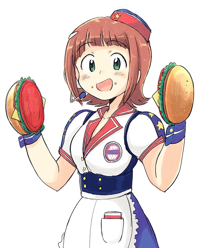 1girl amami_haruka apron brown_hair burger_skater_(idolmaster) food food_on_face gloves green_eyes hamburger hat headset idolmaster idolmaster_(classic) open_mouth short_hair sidelocks simple_background smile tsubobot waitress white_background wrist_cuffs