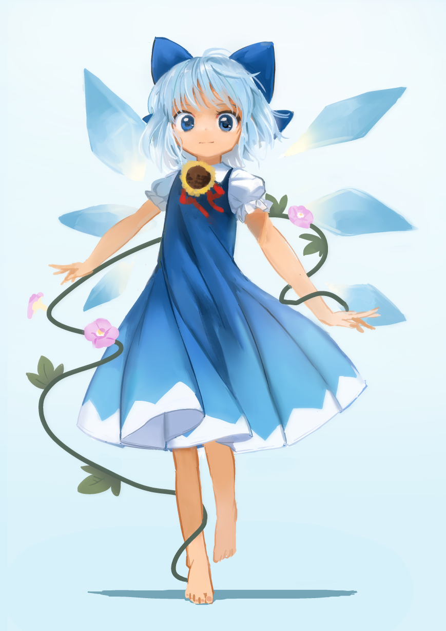 1girl barefoot blue_background blue_bow blue_dress blue_eyes blue_hair bow cirno dress flower frilled_sleeves frills full_body gradient gradient_background hair_bow hidden_star_in_four_seasons highres ice ice_wings looking_at_viewer morning_glory puffy_short_sleeves puffy_sleeves short_hair short_sleeves smile solo suna_(s73d) sunflower tan tanned_cirno touhou walking wings