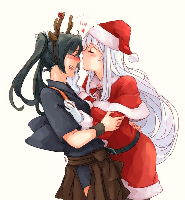 2girls alternate_costume antlers belt blush breasts brown_hakama camouflage capelet closed_eyes cowboy_shot eyebrows_visible_through_hair forehead_kiss from_side fur_trim gloves green_hair grey_hair hair_over_shoulder hair_ribbon hakama hakama_skirt hat hip_vent japanese_clothes kantai_collection kimono kiss leaning_on_person long_hair multiple_girls open_mouth purple_kimono reindeer_antlers remodel_(kantai_collection) ribbon round_teeth santa_costume santa_hat shoukaku_(kantai_collection) simple_background smile tasuki teeth twintails weidashming white_gloves white_ribbon wrist_guards yuri zuikaku_(kantai_collection)