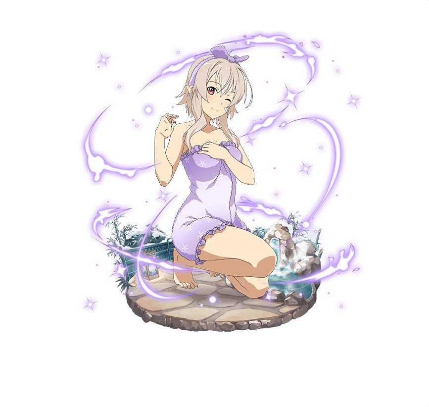 1girl ;) barefoot breasts cleavage collarbone faux_figurine feet floral_print frills full_body grey_hair medium_breasts official_art one_eye_closed one_knee pointy_ears purple_towel red_eyes short_hair_with_long_locks sidelocks simple_background smile solo strea_(sao-alo) sword_art_online toes white_background