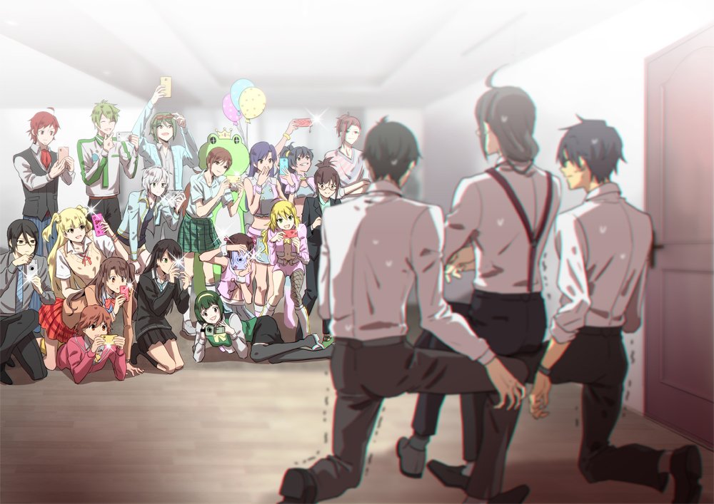 6+boys 6+girls akizuki_ritsuko amami_haruka anastasia_(idolmaster) balloon black_hair blonde_hair blue_hair brown_hair camera cellphone door dramatic_stars dressing_room eyewear_on_head formal ganaha_hibiki glasses green_hair honda_mio hoshii_miki idol idolmaster idolmaster_(classic) idolmaster_cinderella_girls idolmaster_side-m jougasaki_rika kaerre kashiwagi_tsubasa kisaragi_chihaya love_laika lying mina_(o414) multiple_boys multiple_girls new_generations nitta_minami on_stomach pant_suit phone pierre_(idolmaster) pink_diamond_765 plaid plaid_skirt ponytail producer_(idolmaster_anime) producer_(idolmaster_cinderella_girls_anime) producer_(idolmaster_side-m_anime) red-framed_eyewear redhead sakuraba_kaoru school_uniform senkawa_chihiro shibuya_rin shimamura_uzuki sitting sitting_on_person skirt smartphone suit suspenders sweat taking_picture tendou_teru trembling video_camera watanabe_minori yamamura_ken