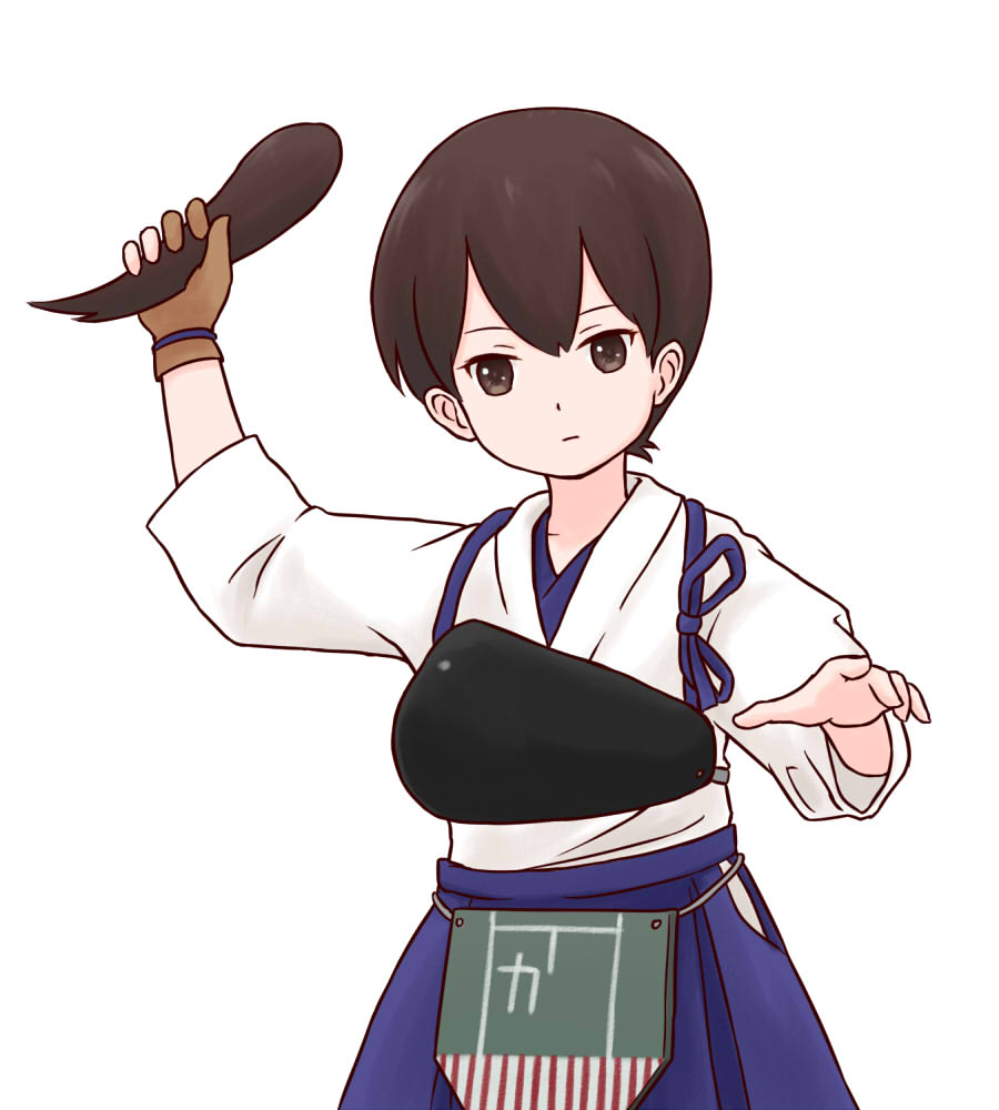 1girl bangs batta_(ijigen_debris) brown_eyes brown_gloves brown_hair closed_mouth commentary_request detached_hair fingerless_gloves flight_deck gloves hakama holding holding_hair japanese_clothes kaga_(kantai_collection) kantai_collection looking_at_viewer muneate partly_fingerless_gloves short_hair single_fingerless_glove single_glove solo standing upper_body