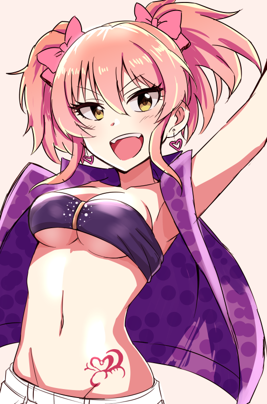 1girl arm_up bow breasts cleavage earrings eyelashes hair_bow heart hips idolmaster idolmaster_cinderella_girls jewelry jougasaki_mika keikesu long_hair medium_breasts navel open_clothes open_vest pink_bow pink_hair purple_vest sidelocks simple_background smile solo stomach_tattoo strapless tubetop twintails vest waist yellow_eyes
