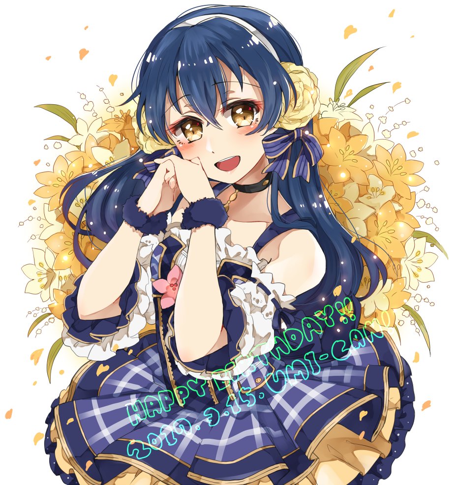 1girl bangs birthday blue_dress blue_hair blush character_name choker commentary_request dated detached_sleeves dress earmuffs eyebrows_visible_through_hair flower hair_between_eyes hair_flower hair_ornament hair_ribbon hand_up happy_birthday long_hair looking_at_viewer love_live! love_live!_school_idol_project open_mouth plaid plaid_skirt pleated_dress pleated_skirt purin_(purin0) ribbon scrunchie skirt smile solo sonoda_umi striped wrist_scrunchie