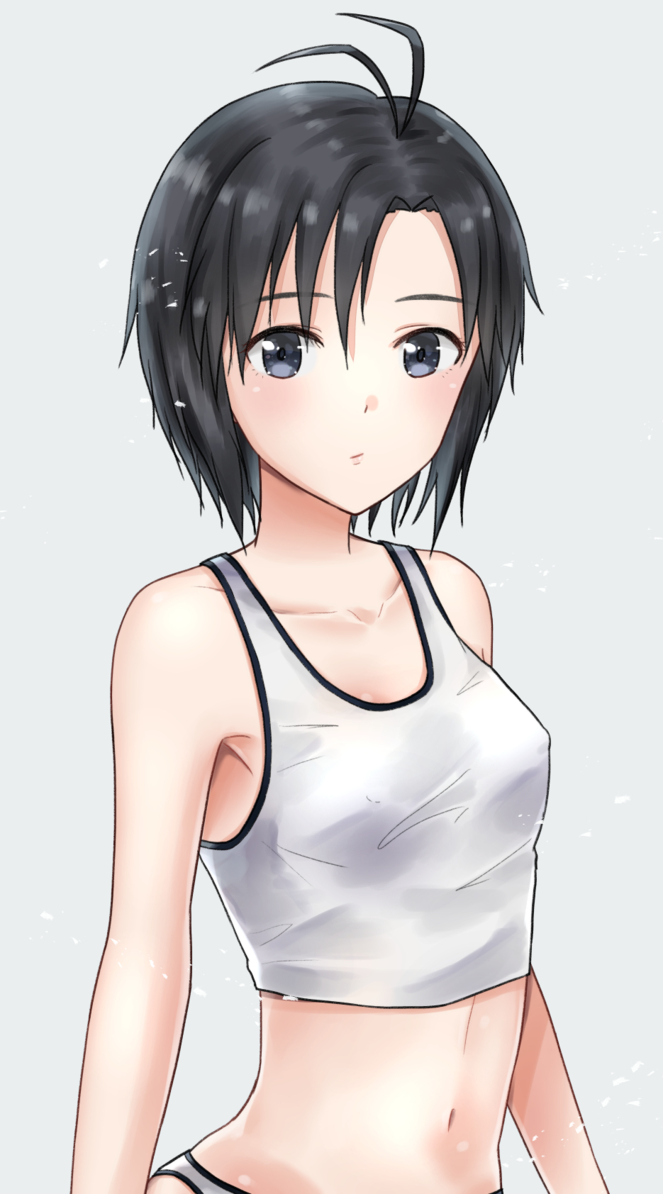 1girl antenna_hair arms_at_sides bangs bare_arms bare_shoulders black_hair blush breasts closed_mouth collarbone crop_top grey_background highres idolmaster idolmaster_(classic) idolmaster_2 kikuchi_makoto looking_at_viewer mogskg navel panties short_hair simple_background sleeveless small_breasts solo stomach tank_top underwear upper_body white_panties