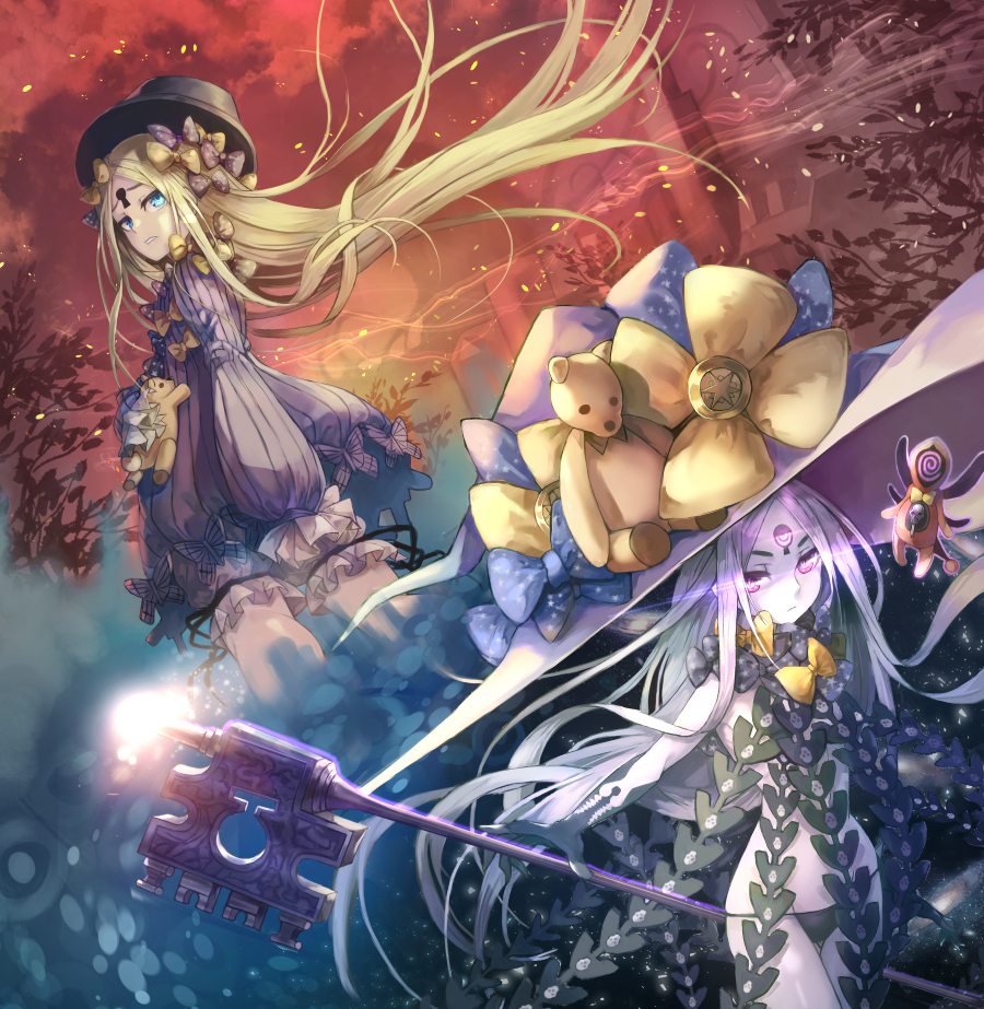 2girls abigail_williams_(fate/grand_order) bangs black_bow black_dress black_gloves black_hat black_panties blonde_hair blue_eyes bow butterfly clouds commentary_request david_lee dress dual_persona elbow_gloves fate/grand_order fate_(series) gloves glowing glowing_eyes groin hair_bow hat hat_bow holding holding_key holding_stuffed_animal key keyhole long_hair long_sleeves looking_at_viewer looking_back multiple_girls orange_bow oversized_object pale_skin panties parted_bangs pink_eyes polka_dot polka_dot_bow print_bow purple_hat red_sky revealing_clothes sky sleeves_past_wrists star star_print stuffed_animal stuffed_toy teddy_bear topless underwear very_long_hair white_hair witch_hat