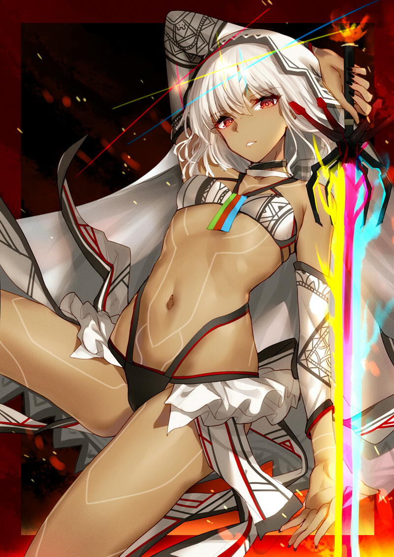 1girl altera_(fate) arm_up bare_shoulders bison_cangshu breasts dark_skin detached_sleeves fate/extella fate/extra fate/grand_order fate_(series) full_body_tattoo long_hair looking_at_viewer navel parted_lips red_eyes small_breasts solo sword tattoo veil weapon white_hair