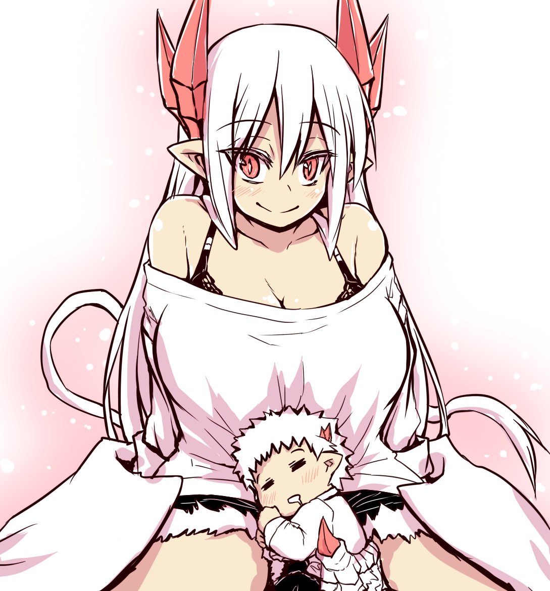 1boy 1girl =_= baby bangs black_bra bra breasts bright_pupils cleavage closed_mouth commentary_request demon_boy dress drooling eyebrows_visible_through_hair hair_between_eyes horns huge_breasts long_hair looking_at_viewer low_wings mother_and_son musuko_ga_kawaikute_shikatanai_mazoku_no_hahaoya pointy_ears red_eyes sitting sleeping slit_pupils sweater sweater_dress tail thukimidanngo underwear white_dress white_hair wings