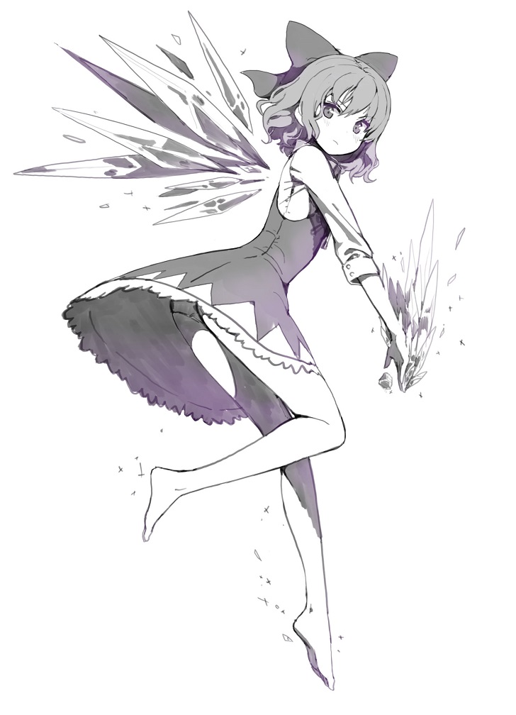 1girl bare_legs barefoot bow cirno closed_mouth dress from_side full_body greyscale hair_bow ice ice_wings looking_at_viewer monochrome mx2j_(nsh6394) panties pantyshot short_dress simple_background solo touhou underwear white_background wings