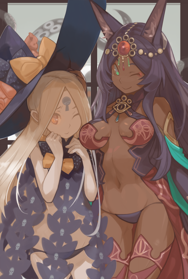 2girls ;) abigail_williams_(fate/grand_order) animal_ears bangs bikini_bottom black_bikini_bottom black_hat blonde_hair bokaa_(exploration) bow breasts commentary_request dark_skin fate/grand_order fate_(series) forehead gem gluteal_fold green_eyes hand_on_another's_head hat hat_bow head_chain jewelry keyhole large_breasts long_hair looking_at_viewer multiple_girls navel one_eye_closed orange_bow orange_eyes parted_bangs polka_dot polka_dot_bow purple_hair queen_of_sheba_(fate/grand_order) revealing_clothes smile witch