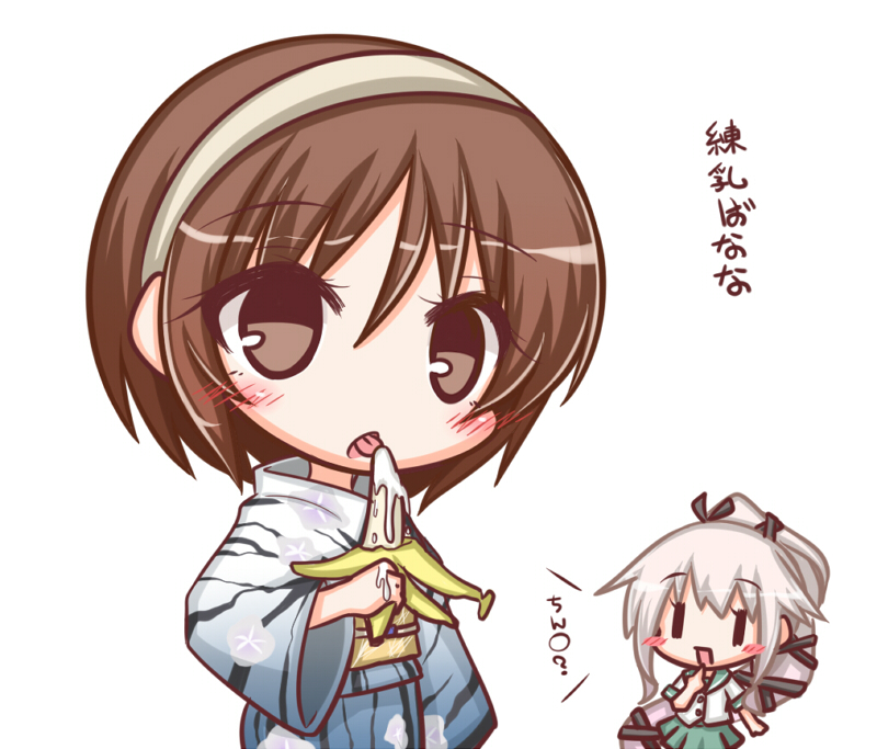 2girls :d banana bangs black_ribbon blush brown_eyes brown_hair eyebrows_visible_through_hair finger_to_mouth floral_print food fruit green_skirt hair_between_eyes hair_ornament hair_ribbon hairband high_ponytail japanese_clothes kantai_collection kimono komakoma_(magicaltale) licking long_hair long_sleeves looking_at_viewer multiple_girls natori_(kantai_collection) obi open_mouth parted_lips pleated_skirt ponytail print_kimono ribbon sash school_uniform serafuku sexually_suggestive shirt short_sleeves simple_background skirt smile tongue tongue_out translated very_long_hair white_background white_kimono white_shirt wide_sleeves yura_(kantai_collection) ||_||