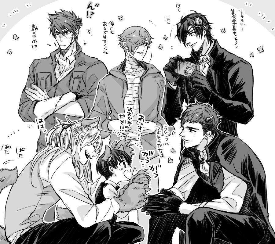 6+boys azuki_nagamitsu_(touken_ranbu) crossed_arms greyscale halloween halloween_costume kenshin_kagemitsu kouryuu_kagemitsu male_focus monochrome multiple_boys ookanehira_(touken_ranbu) shokudaikiri_mitsutada touken_ranbu uguisumaru