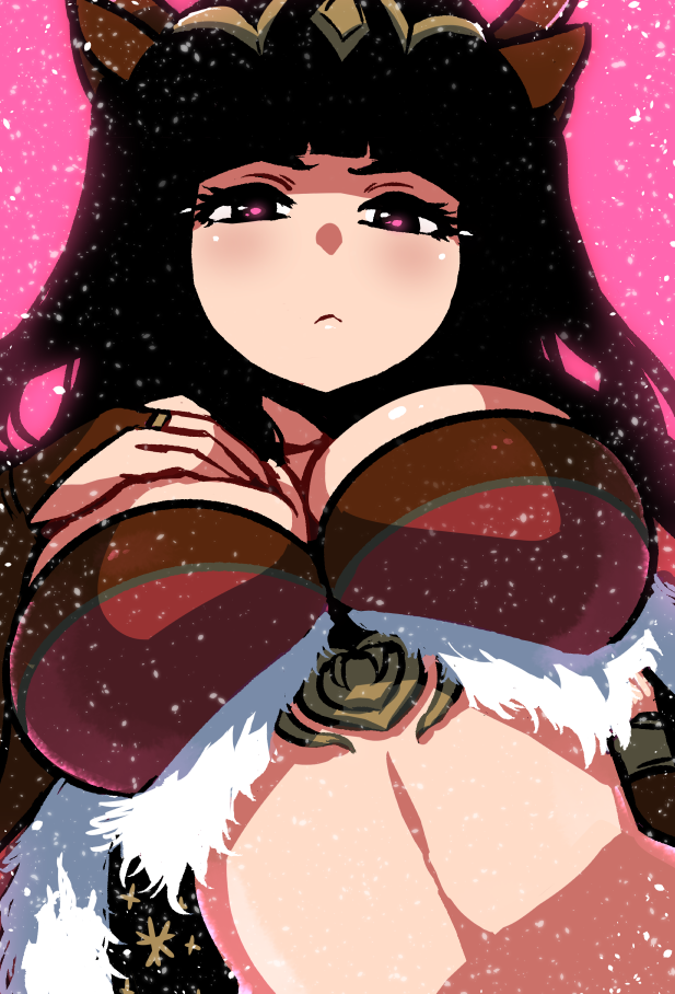 1girl :&lt; akairiot bangs bikini_top blunt_bangs blush breasts bridal_gauntlets closed_mouth expressionless fire_emblem fire_emblem_heroes fur_trim hand_on_breast hand_on_own_chest large_breasts long_hair looking_at_viewer pink_background pink_eyes red_bikini_top simple_background snowing solo tharja tiara upper_body