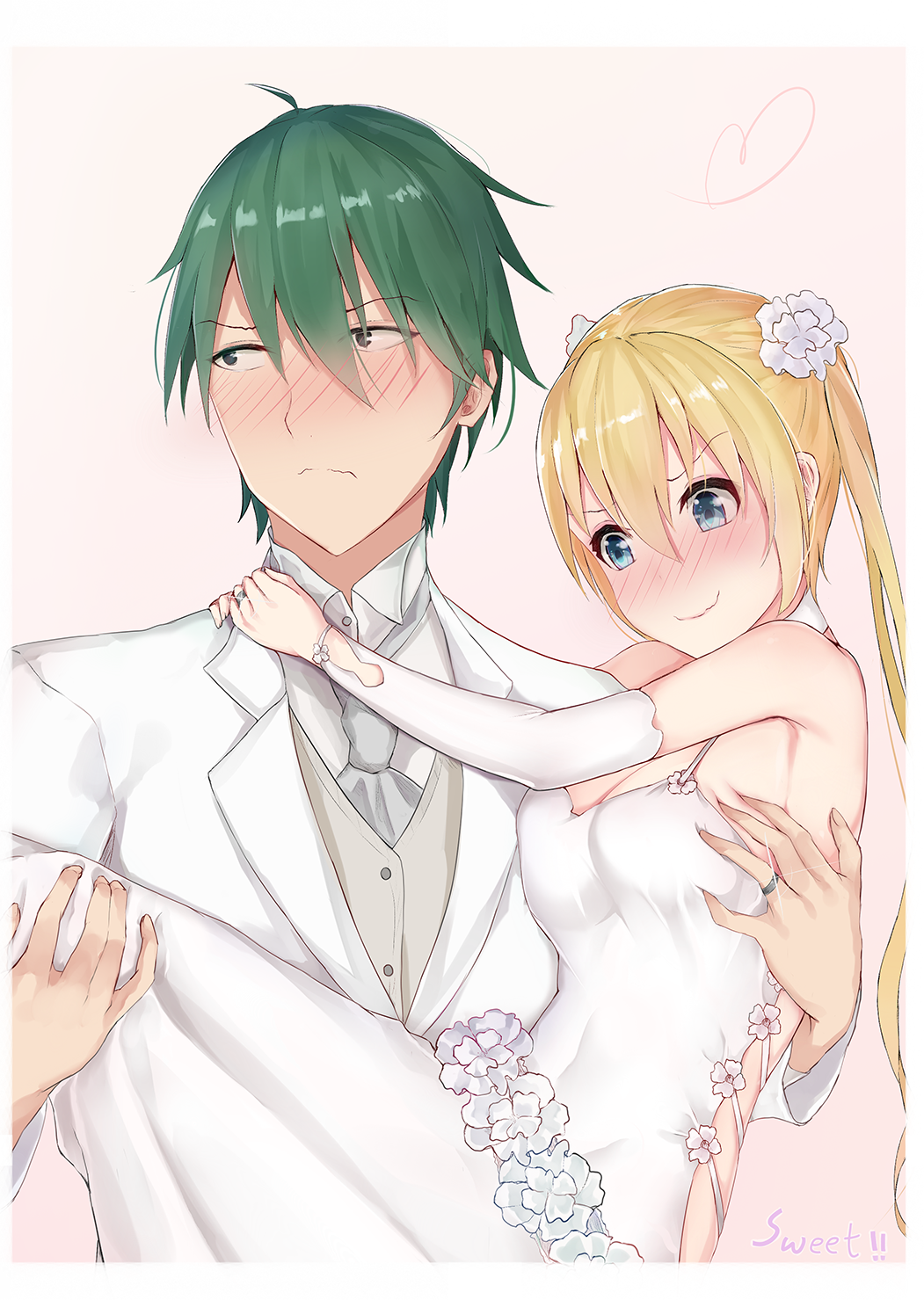 1boy 1girl akizuki_kouyou bare_shoulders blazer blend_s blonde_hair blue_eyes breast_grab breasts carrying choker cleavage closed_mouth couple covered_navel dress elbow_pads flower grabbing green_eyes green_hair hair_flower hair_ornament half-closed_eyes highres hinata_kaho jacket jewelry looking_away medium_breasts necktie nervous nervous_smile ring sherryqq shy sparkle tuxedo twintails wavy_mouth wedding wedding_dress white_dress white_flower