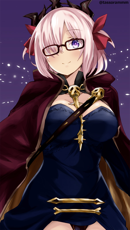 1girl bangs between_breasts black-framed_eyewear blue_dress breasts cape cleavage closed_mouth commentary_request cosplay detached_collar dress ereshkigal_(fate/grand_order) ereshkigal_(fate/grand_order)_(cosplay) eyebrows_visible_through_hair fate/grand_order fate_(series) glasses hair_between_eyes hair_over_one_eye hair_ribbon jewelry large_breasts long_sleeves looking_at_viewer mash_kyrielight necklace pink_hair purple_cape red_ribbon ribbon skull smile solo spine tasora tiara tohsaka_rin tohsaka_rin_(cosplay) two_side_up violet_eyes