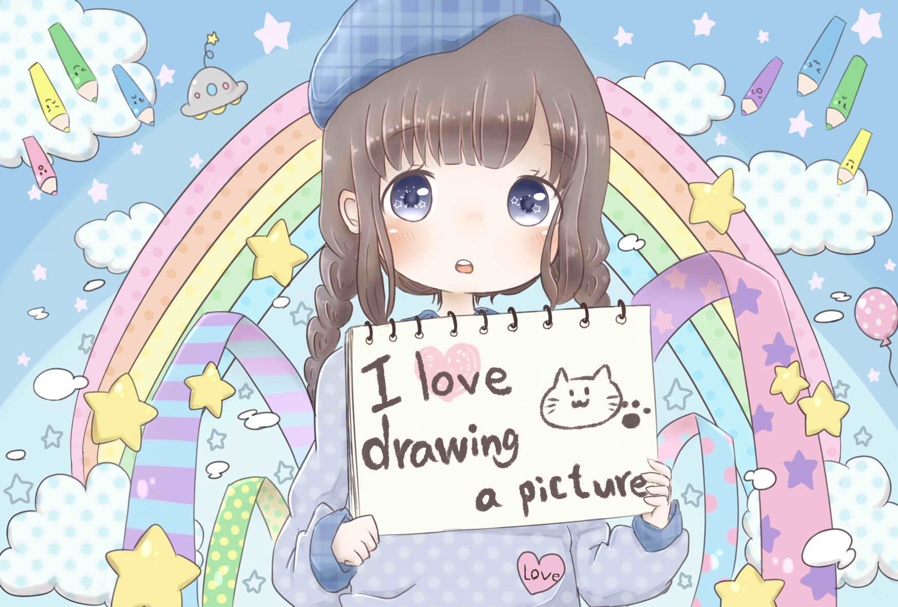 1girl balloon bangs beret blue_hat blush braid brown_hair clouds colored_pencil commentary_request english eyebrows_visible_through_hair hat head_tilt heart highres holding komugi_ko long_hair long_sleeves looking_at_viewer low_twintails notebook original parted_lips pencil plaid_hat polka_dot polka_dot_shirt purple_shirt rainbow shirt sidelocks solo star star_in_eye star_print twin_braids twintails ufo unmoving_pattern upper_body violet_eyes